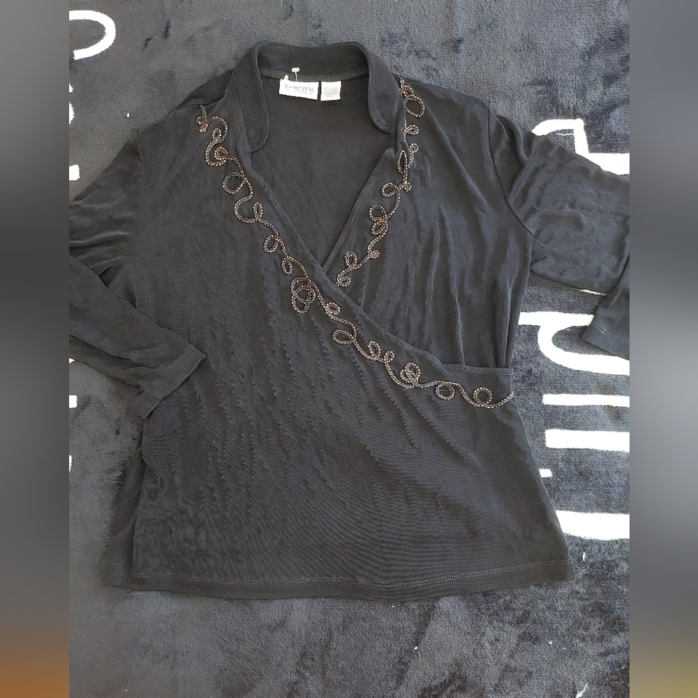 Chico's Black Wrap Blouse with Embroidery size 3